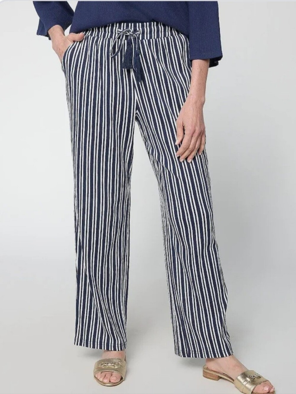 Belle by Kim Gravel Black & White Vertical Stripe Drawstring Pants